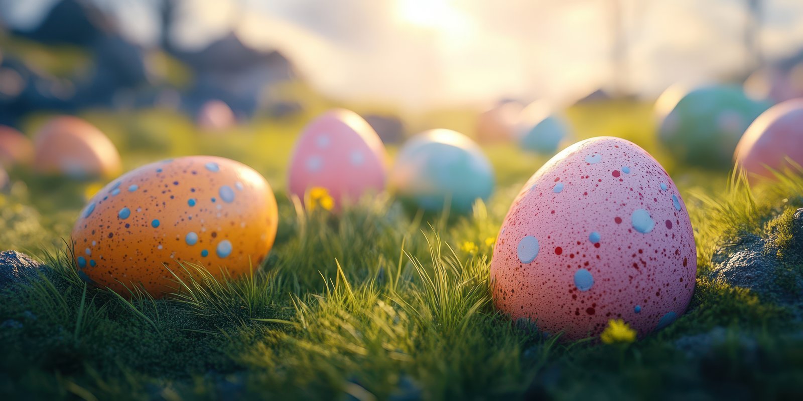 Colorful Easter eggs are scattered across a vibrant green meadow during golden hour
